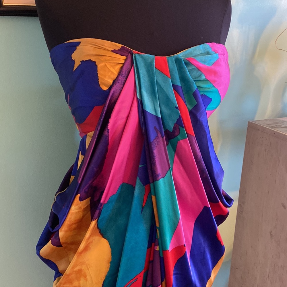 New York & Company Strapless Multicolor Draped Dress - Pink, Blue, Teal, Yellow - Picture 2 of 6